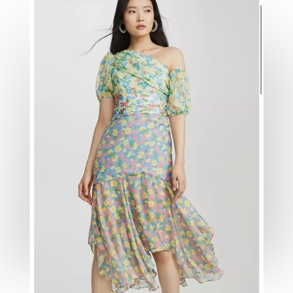 AMUR Pastel Floral One-Shoulder Midi Dress